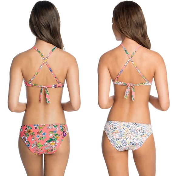 Vera Bradley Hi Neck Coral Reversible Floral Matching Bikini Set Tassels Crochet - Picture 2 of 13
